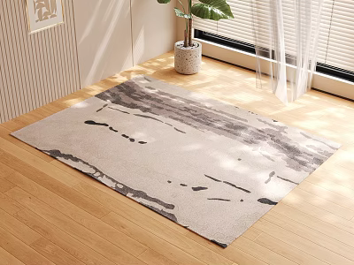 Neutral Square Area Rug In Room With Wooden Floor And Plant 3d model