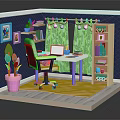 Cartoon Room Interior With Writing Desk Laptop Office Chair Bookshelf And Potted Plants