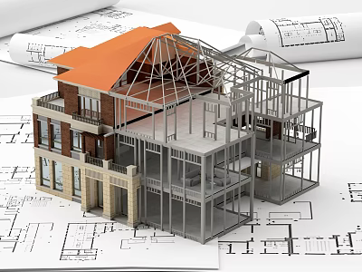 Commercial Construction Equipment for Steel Structure Building Model with Architectural Plans 3d model