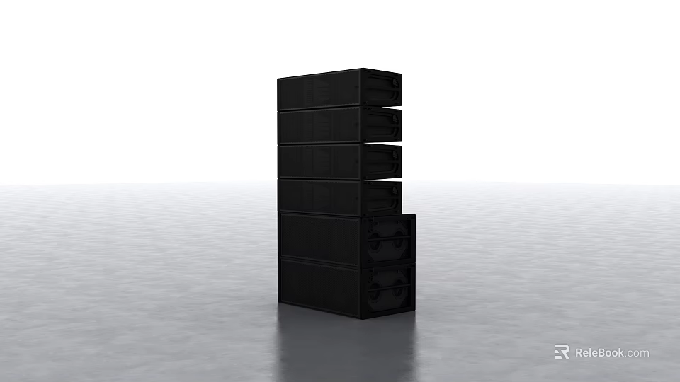 Black Stacked Audio Speaker System with Multiple Black Cabinets on Smooth Gray Floor White Background 3d model 