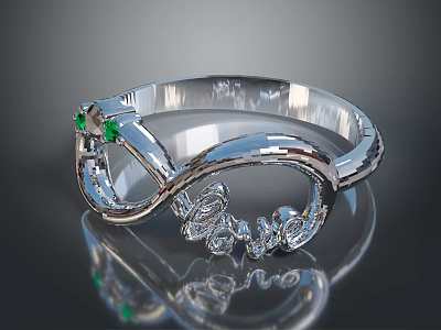 Elegant Silver Ring Jewelry Accessory with Green Gemstones and Sparkling Diamonds Intricate Design 3d model