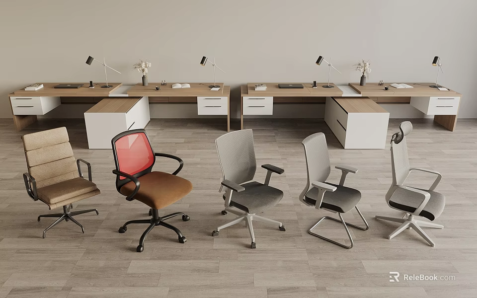 Modern Office Desk Setup With Various Office Chairs Desk Lamps And Drawer Cabinets 3d model 