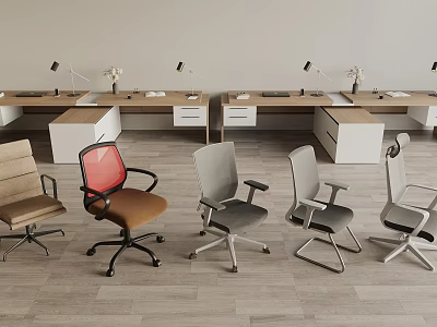 Modern Office Desk Setup With Various Office Chairs Desk Lamps And Drawer Cabinets 3d model
