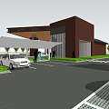 Building Exterior Wall Design Featuring Glass Curtain Brown Canopy Trees And Vehicles