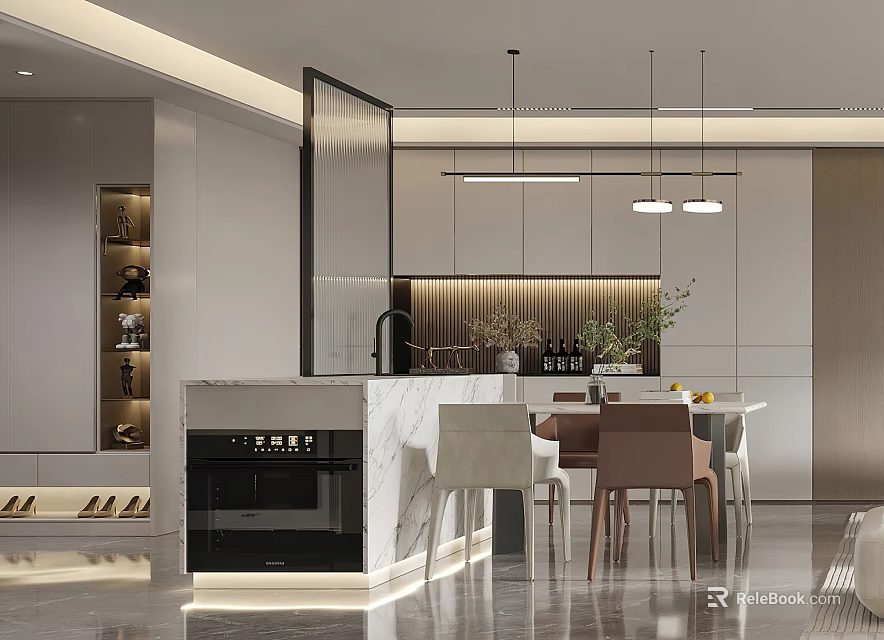 Modern Restaurant Open Kitchen With Island Counter Marble Cabinets And Hanging Lights 3d model 