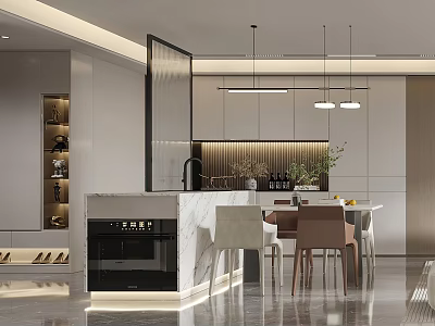 Modern Restaurant Open Kitchen With Island Counter Marble Cabinets And Hanging Lights 3d model