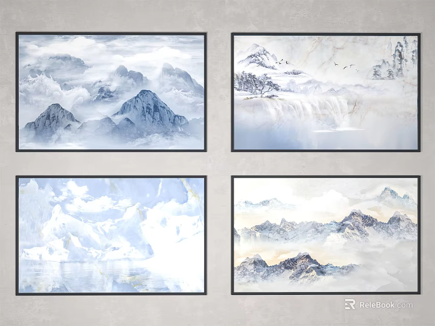 Landscape Paintings Four Panel Set With Mountain Cloud Waterfall Mist And Soft Tones 3d model 