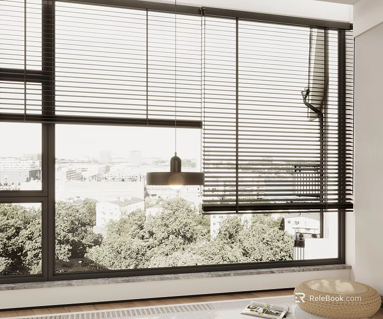 Modern Venetian Blinds On Large Window With Green Trees View And Natural Light 3d model 
