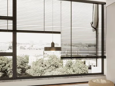 Modern Venetian Blinds On Large Window With Green Trees View And Natural Light 3d model