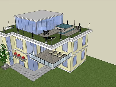 Modern Detached Villa Featuring Green Roof Terrace Balcony And Large Glass Windows 3d model