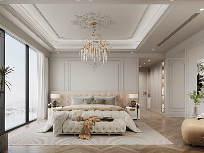 Bedroom Interior With Decorative Ceiling Chandelier Large Windows And Wooden Flooring 3d model