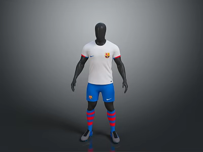 White Football Jersey With Nike Logo Blue Shorts Red Blue Striped Socks And Gray Shoes 3d model