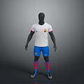 White Football Jersey With Nike Logo Blue Shorts Red Blue Striped Socks And Gray Shoes