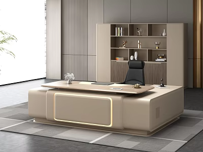 Modern Beige Office Desk With LED Lighting Bookshelf Black Chair And Vase On Gray Rug 3d model