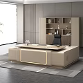 Modern Beige Office Desk With LED Lighting Bookshelf Black Chair And Vase On Gray Rug