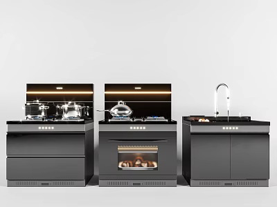 Modern Black Kitchen Appliances with Integrated Cooktop Oven Sink and Faucet 3d model