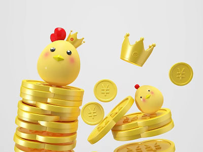 Cute Yellow Chick Wearing Red Crown On Stacked Gold Coins With Yen Symbols 3d model