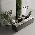 Modern Reception Desk With Green Living Wall Hanging Pendant Lights And Laptops