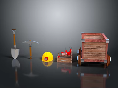 Construction Work Tools Collection With Shovel Pickaxe Yellow Hard Hat Toolbox And Wheelbarrow 3d model