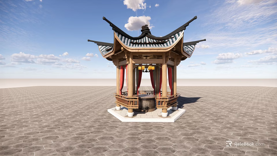 Chinese Traditional Pavilion with Curved Roof Red Columns and Lanterns Hexagonal Structure 3d model 