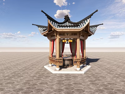 Chinese Traditional Pavilion with Curved Roof Red Columns and Lanterns Hexagonal Structure 3d model