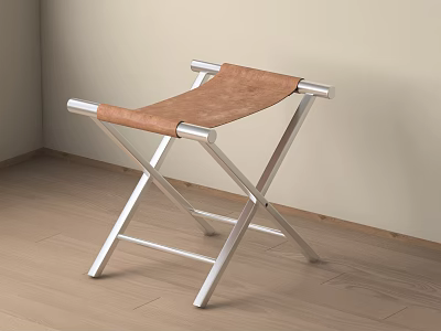Modern Indoor X shaped Sofa Stool With Metal Frame And Brown Leather Seat 3d model
