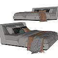 Modern Double Bed With Soft Pillows And Warm Gray Pink Brown Blankets 3d model