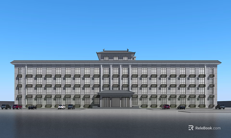 Modern Office Building With Symmetrical Facade Multiple Windows Front Entrance And Parking Area 3d model 