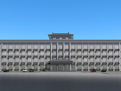 Modern Office Building With Symmetrical Facade Multiple Windows Front Entrance And Parking Area 3d model