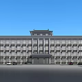 Modern Office Building With Symmetrical Facade Multiple Windows Front Entrance And Parking Area