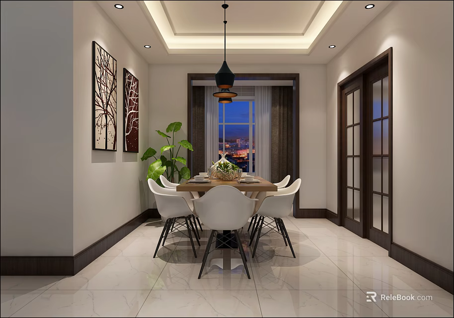Modern Restaurant Interior With Dining Table White Chairs Pendant Light And Green Plant 3d model 