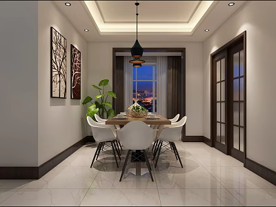 Modern Restaurant Interior With Dining Table White Chairs Pendant Light And Green Plant 3d model