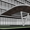 Modern Office Building with Glass Curtain Walls Unique Wooden Entrance Canopy and Landscaping
