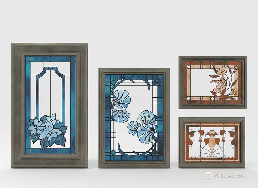 Stained Glass Decorative Wall Art With Floral Patterns Geometric Designs And Wooden Frames 3d model 