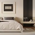 Modern Minimalist Bedroom Interior With White Bed Framed Art And Large Windows