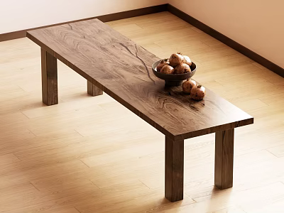 Wooden Bench on Wooden Floor with Bowl of Onions and Additional Onions on Top 3d model