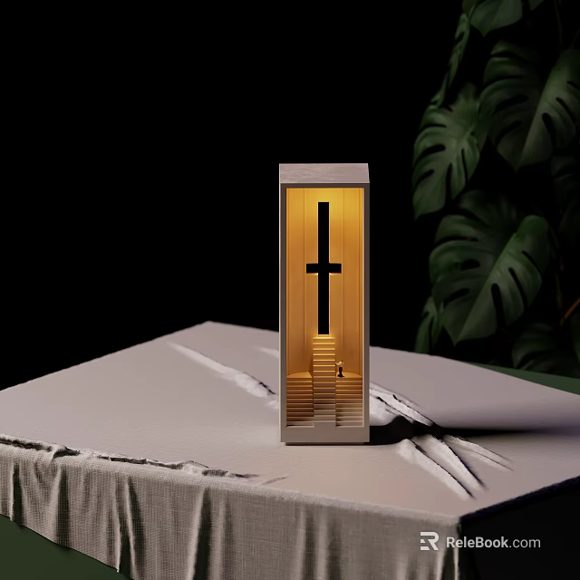 Sleek Modern Table Lamp With Vertical Cross Design On Textured White Surface And Monstera Leaves 3d model 