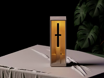 Sleek Modern Table Lamp With Vertical Cross Design On Textured White Surface And Monstera Leaves 3d model