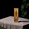 Sleek Modern Table Lamp With Vertical Cross Design On Textured White Surface And Monstera Leaves