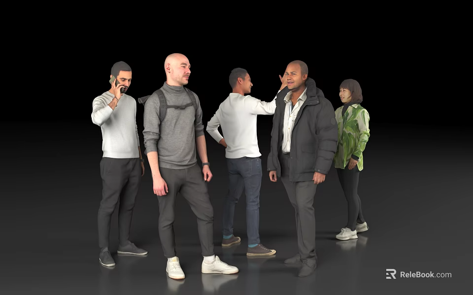 Group of People Standing Together Interacting in Various Clothing Against Black Background 3d model 