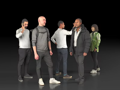Group of People Standing Together Interacting in Various Clothing Against Black Background 3d model