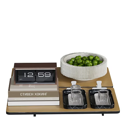 Modern Decorative Ornament Set With Flip Clock Green Fruit Bowl Books And Glass Cups 3d model