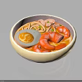 Noodle Soup with Shrimp and Soft Boiled Egg in Red Broth and Light Colored Bowl