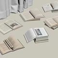 Open Books Scattered on White Table with White Curtains in Background