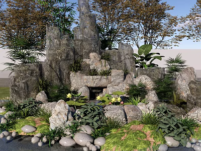 Natural Garden Ornament With Rockery Stone Arrangement Water Lilies And Lush Greenery 3d model