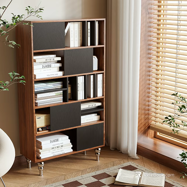 Modern Wooden Bookcase With Open Shelves Stacked Books Decorative Boxes And Plants By Window 3d model 