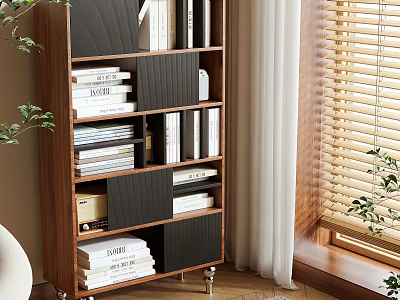 Modern Wooden Bookcase With Open Shelves Stacked Books Decorative Boxes And Plants By Window 3d model