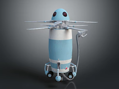 Blue And White Mobile Robot With Red Eyes Multiple Mechanical Arms And Wheels 3d model