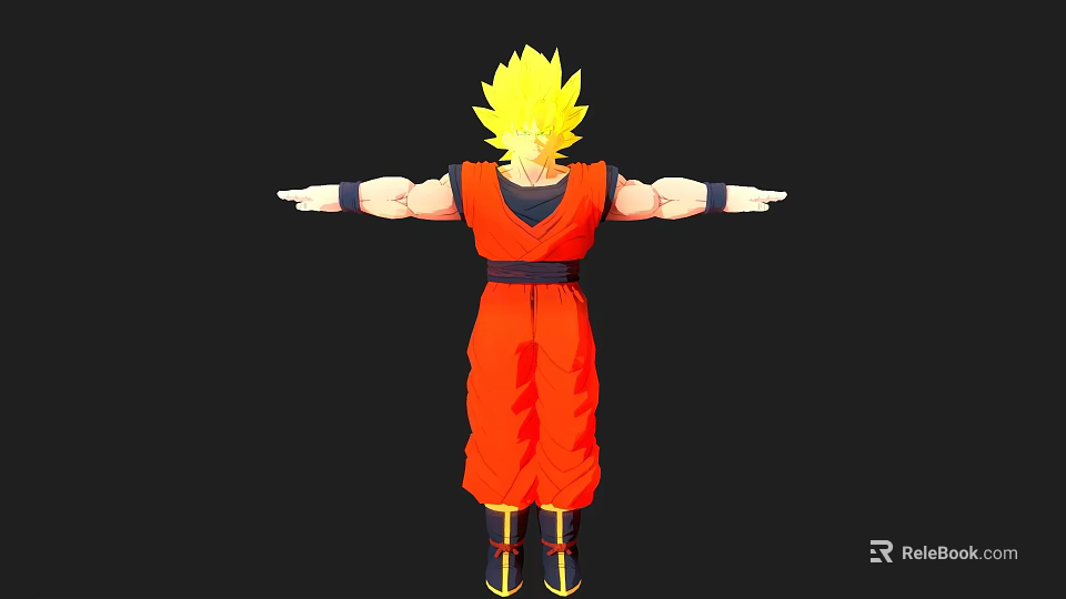 Super Saiyan Goku Game Character With Blonde Spiky Hair Orange Uniform And Outstretched Arms 3d model 