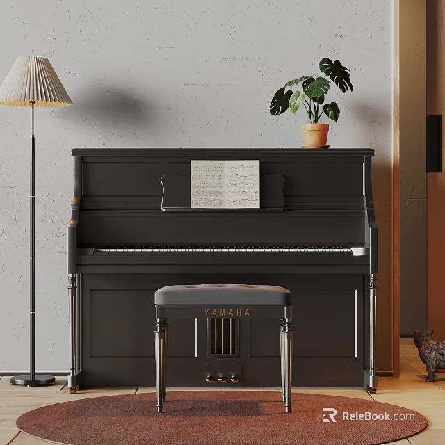 Black Yamaha Piano With Sheet Music Stool Floor Lamp And Green Plant Against Gray Wall 3d model 